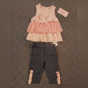 Pink Floral Ruffle Top and Gray Leggings Set